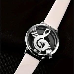 Music Symbol Quartz Watch Transparent Hollow Design White Leather Strap